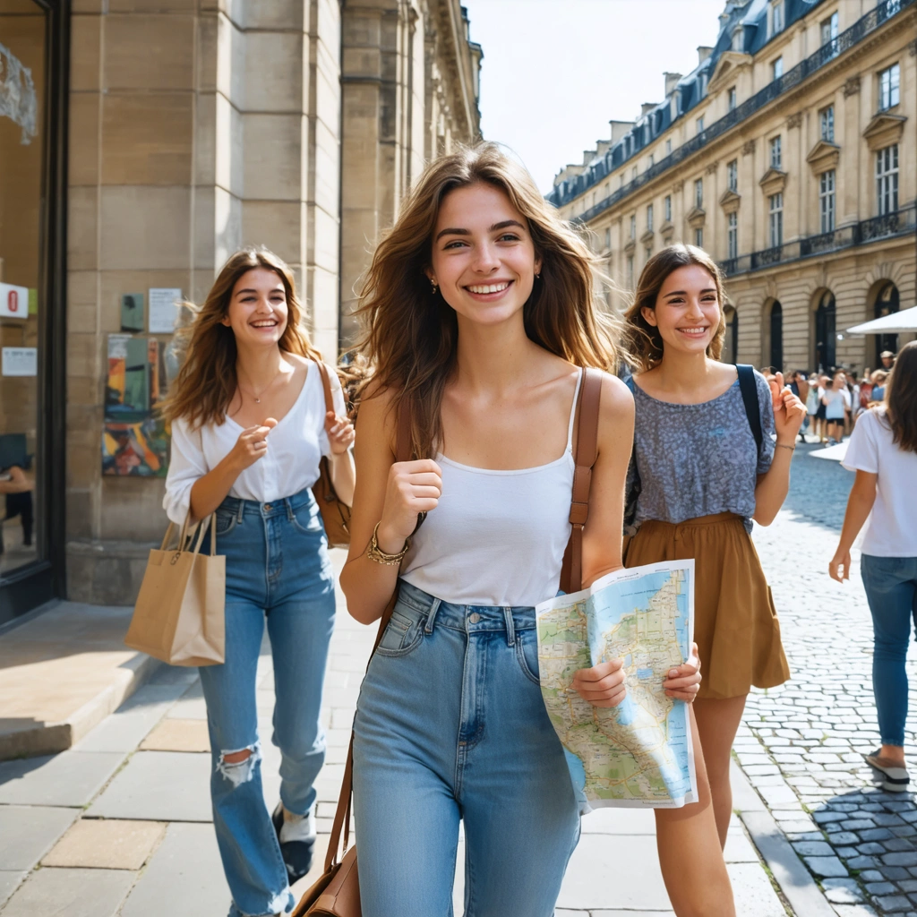Une jeune femme souriante avec des amis profite d'une sortie culturelle abordable en ville, près d'un musée, d'une fresque de street art et de bâtiments historiques.