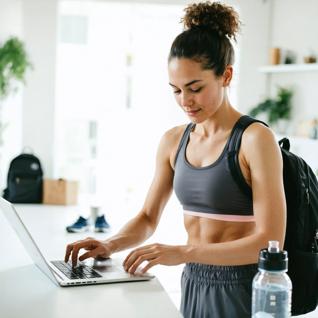 Une femme active organise une courte séance de sport à la maison dans un quotidien chargé, avec agenda, tapis et tenue de sport.