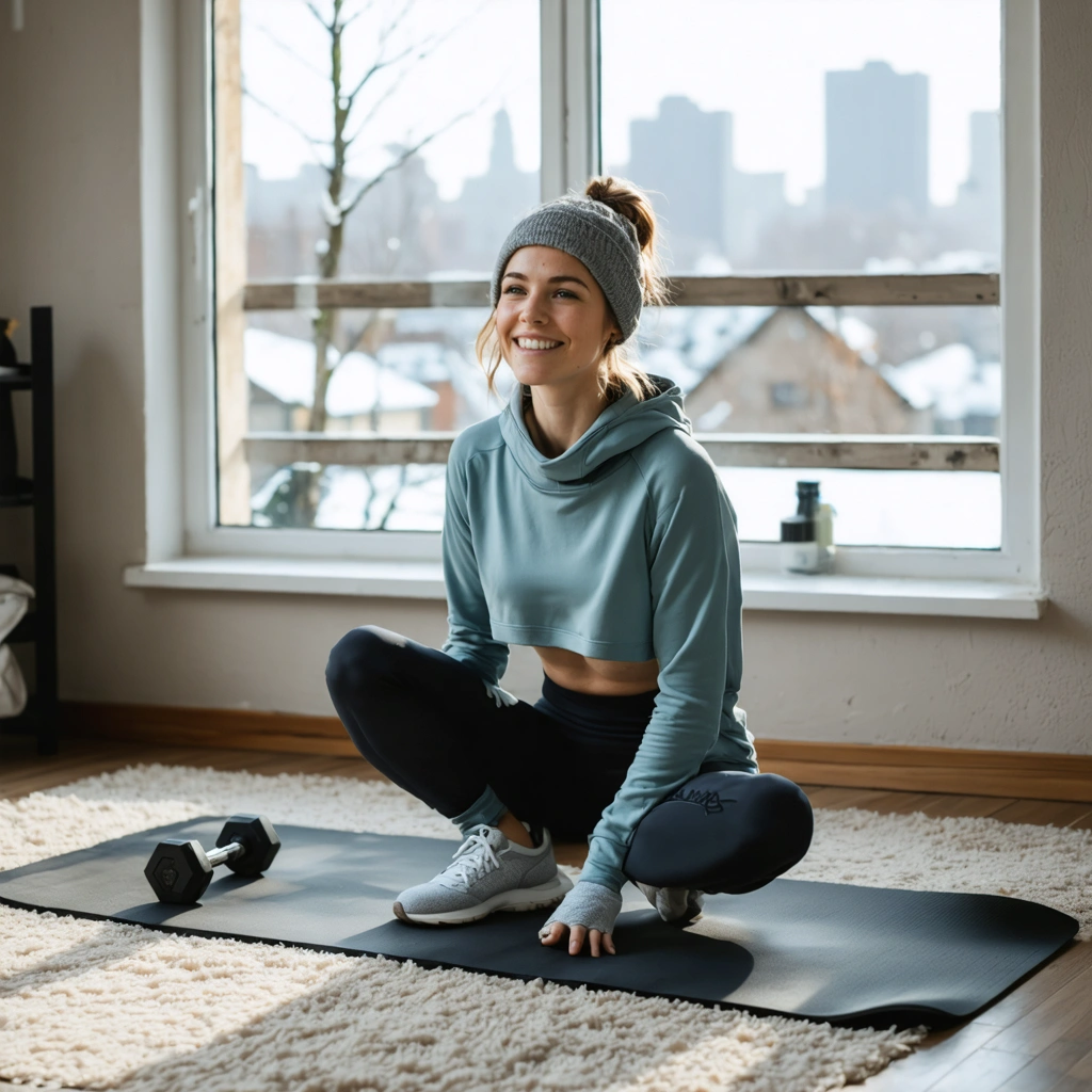 Une femme en tenue de sport se motive à faire une séance dans son salon en hiver, avec un tapis, une gourde et une lumière naturelle froide venant de la fenêtre.