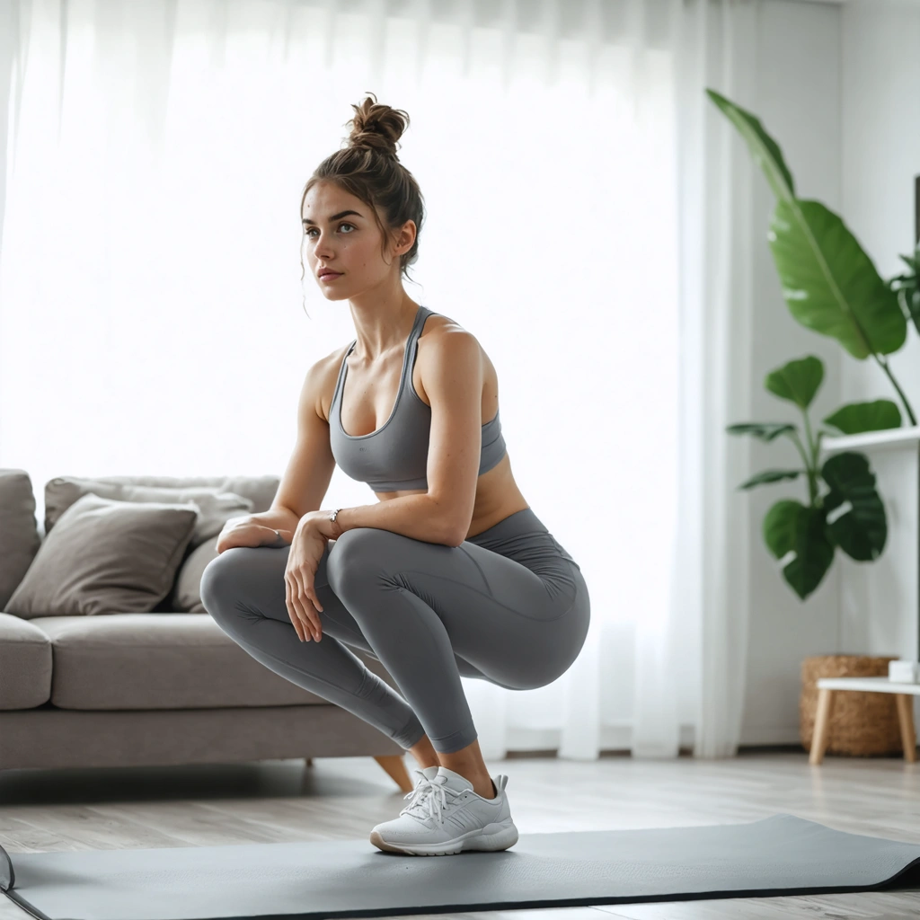 Une femme réalise un exercice de squat dans son salon lumineux lors d'une seance de sport a la maison de 30 minutes sans materiel.