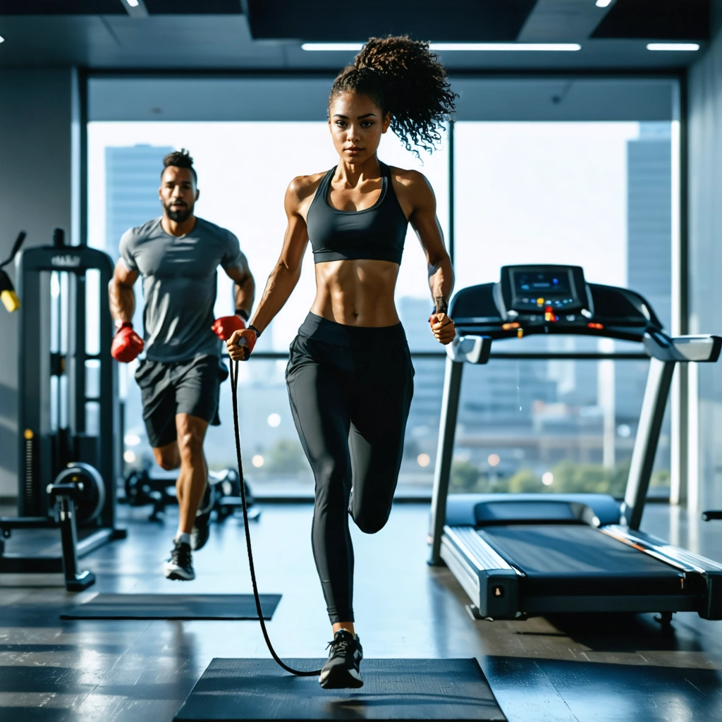 Une femme et un homme s’entraînent dans une salle de sport avec corde à sauter, tapis de course et rameur pour illustrer les sports qui brûlent le plus de calories.