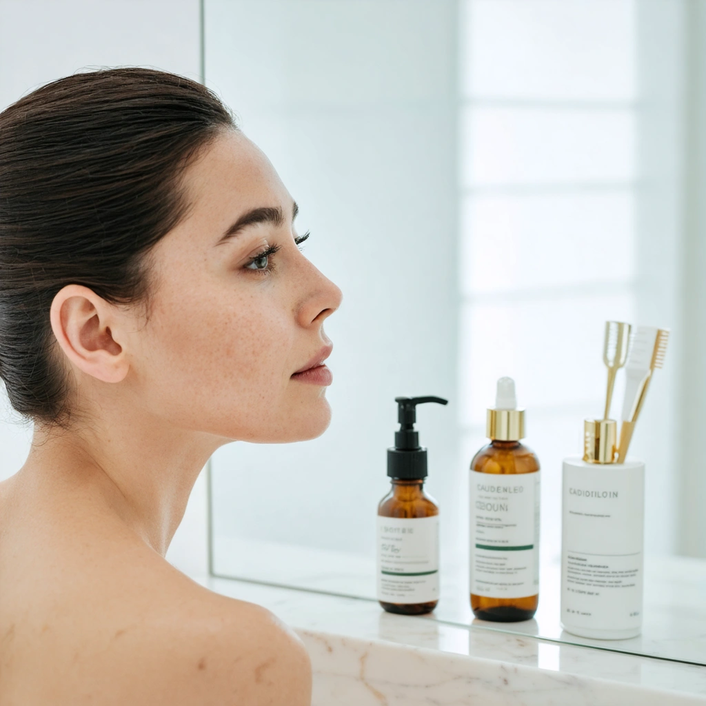 Femme observant dans un miroir des taches de soleil légères sur son visage dans une salle de bain lumineuse, avec des soins de la peau et une protection solaire à proximité