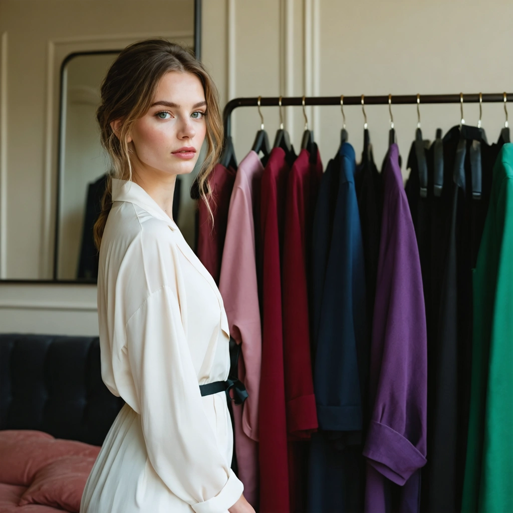 Femme au teint pâle essayant différentes couleurs de vêtements flatteuses devant un miroir dans une pièce lumineuse
