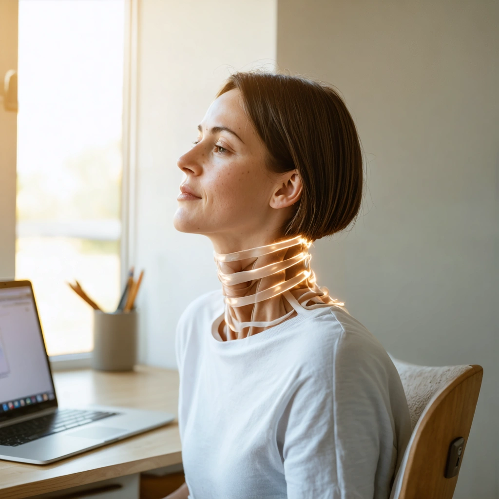 Une femme assise près d un bureau étire doucement sa nuque et ses épaules pour soulager des tensions musculaires dans un intérieur lumineux