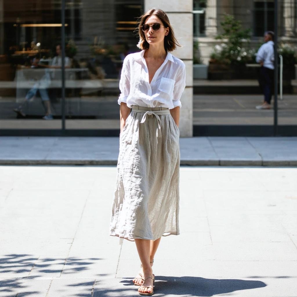 Une femme habillee avec elegance par temps tres chaud, portant une tenue legere en lin, des sandales et des lunettes de soleil dans une rue ensoleillee.