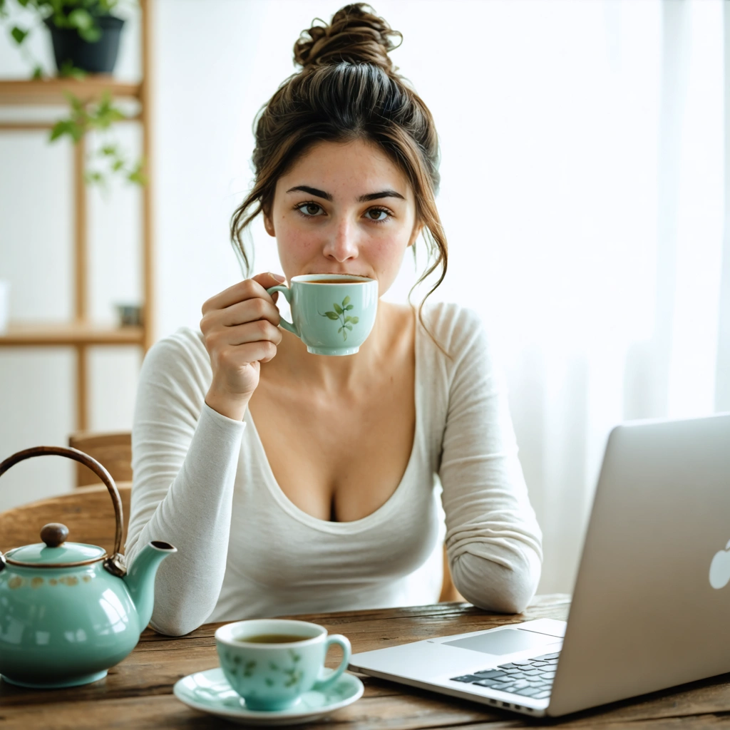 Une femme boit une tasse de the vert a son bureau tout en restant concentree devant son ordinateur dans une ambiance calme et lumineuse.