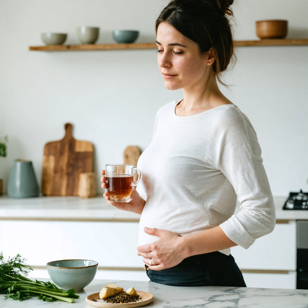 Une femme dans une cuisine lumineuse tient une tisane chaude après le repas, avec une main posée sur son ventre, tandis que du fenouil, du gingembre et de la menthe sont visibles sur la table.