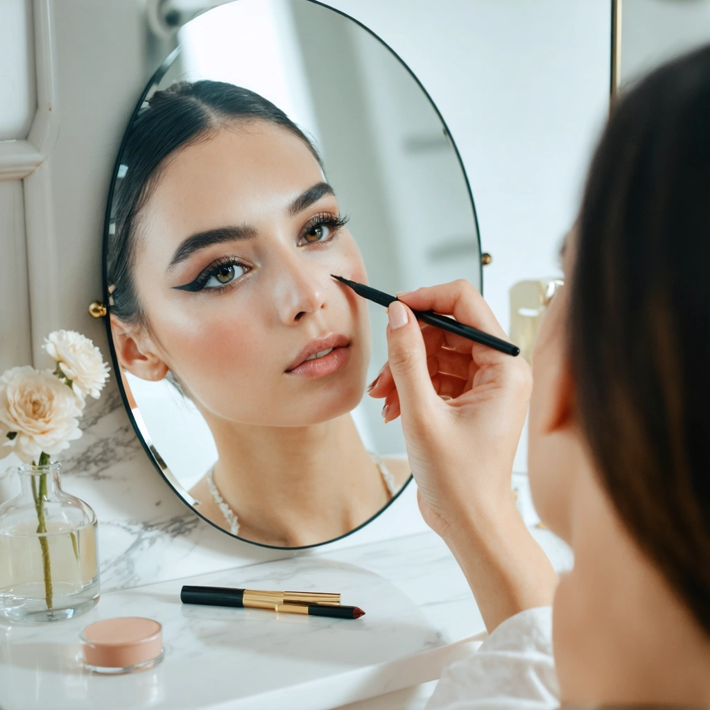 Gros plan réaliste d’une femme en train d’appliquer un trait d’eyeliner fin devant un miroir, avec un résultat net sur un œil et l’autre en cours de maquillage.