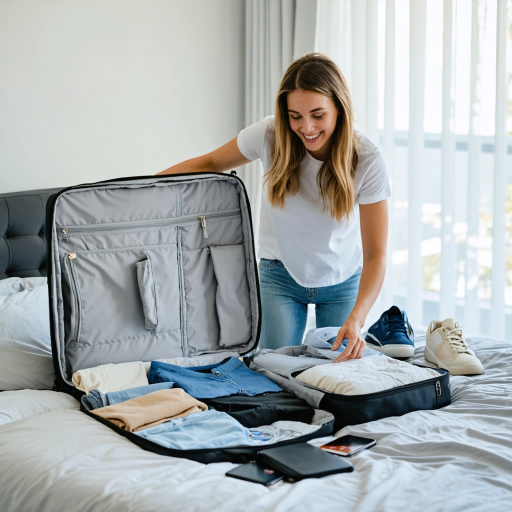 Une valise cabine ouverte et bien organisée sur un lit, avec des vêtements pliés, une trousse de toilette format voyage, des chaussures et des accessoires de voyage pour une semaine.