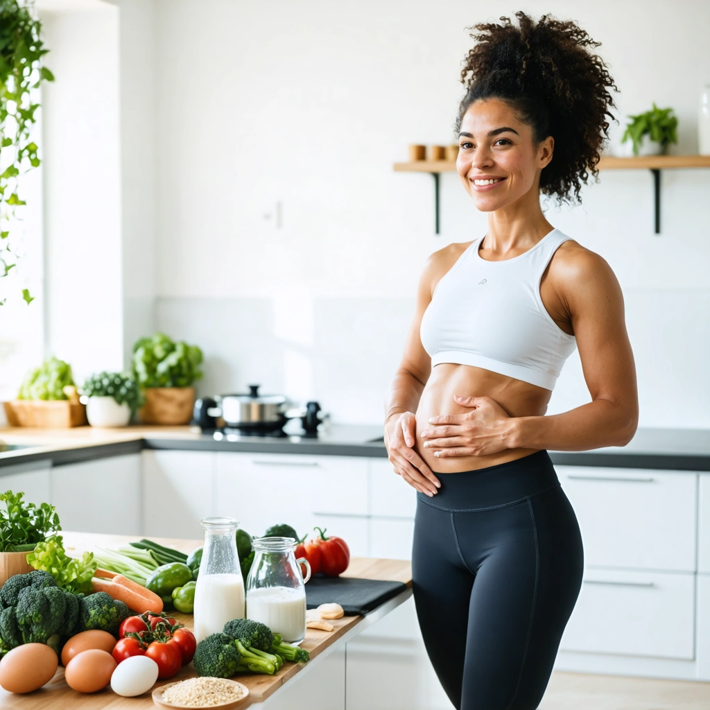 Une femme souriante dans une cuisine lumineuse, avec des aliments sains et du matériel de sport, illustrant des conseils réalistes pour perdre du gras au niveau du ventre.