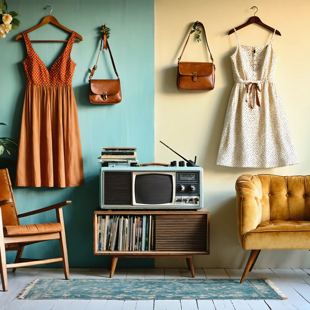 Comparaison visuelle entre des objets et vêtements vintage authentiques et des éléments rétro inspirés du passé dans un intérieur élégant.