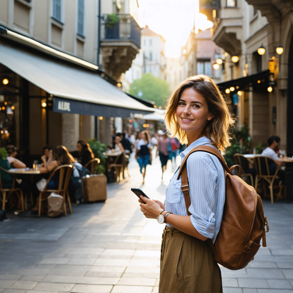 Une femme voyageant seule marche avec assurance dans une rue animée, avec un sac et un téléphone, dans une ambiance rassurante et lumineuse.