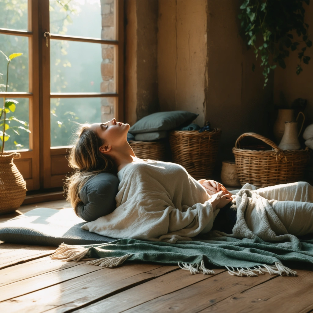 Une femme allongee confortablement sur un tapis avec une couverture pratique le yoga nidra dans une piece calme et lumineuse
